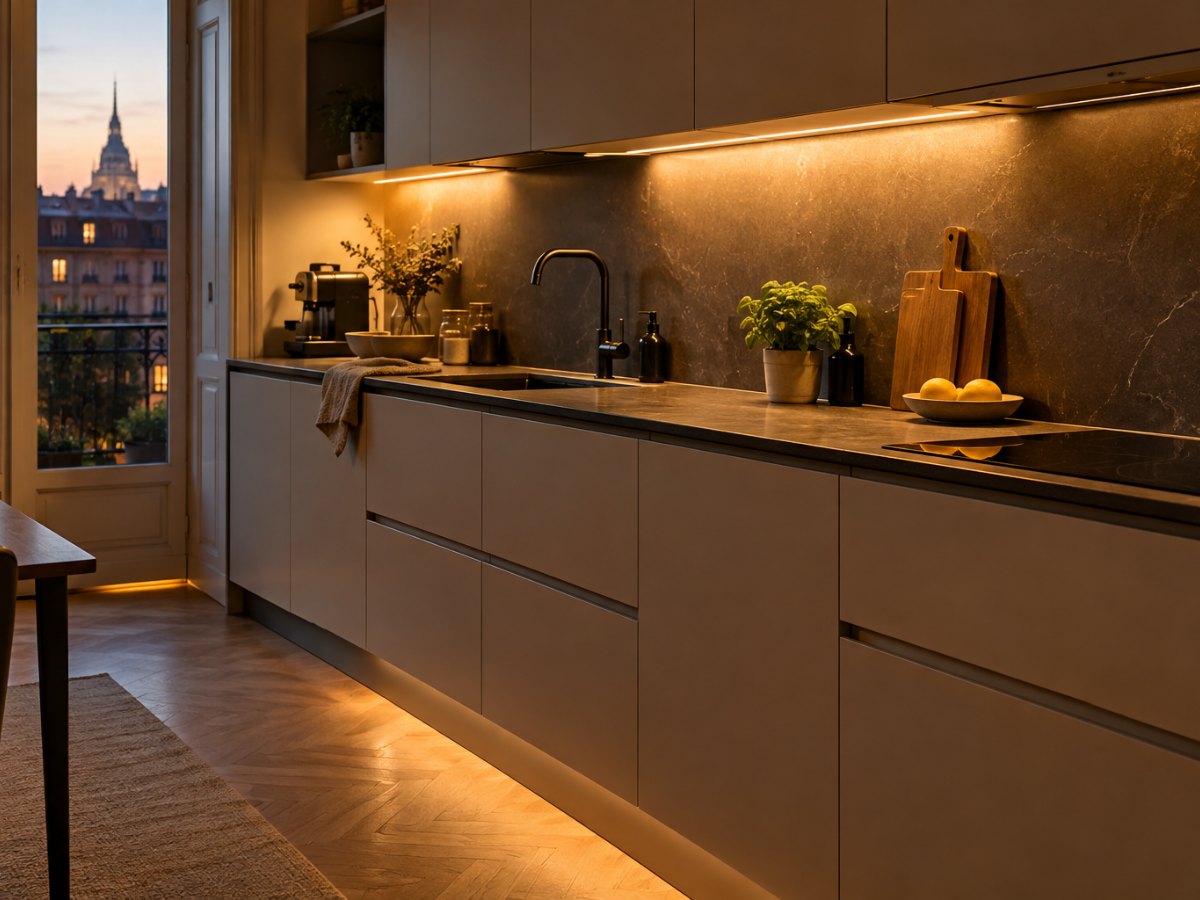 Cucina di un appartamento torinese la sera con piano di lavoro, mobili bassi e luce soffusa Cucina di un appartamento torinese la sera con piano di lavoro, mobili bassi e luce soffusa