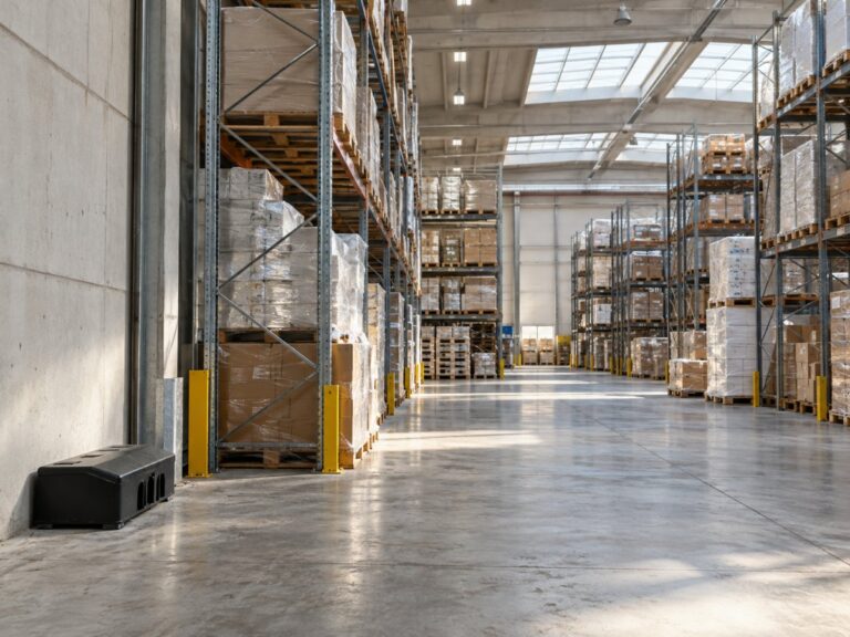 Magazzino della logistica nel Novarese con scaffali, pallet e una trappola multicattura lungo il muro