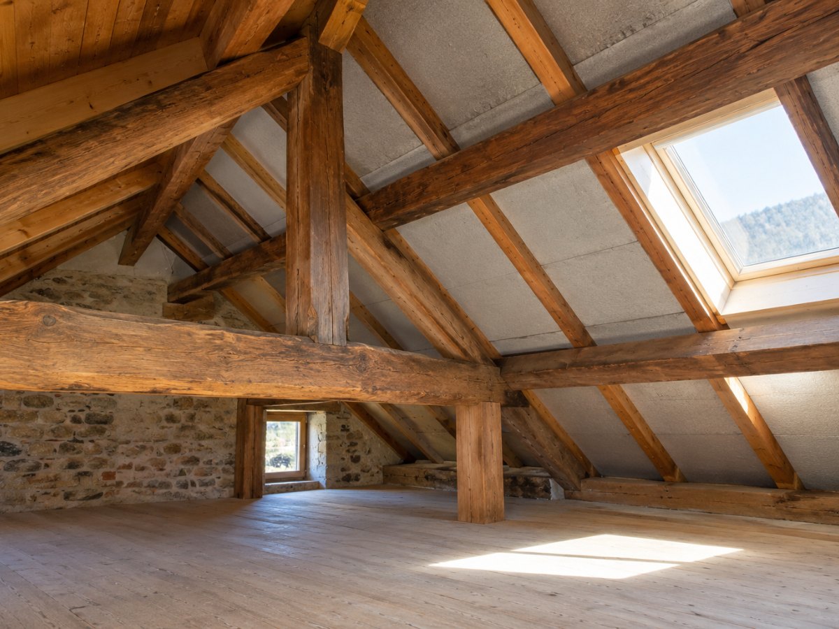 Sottotetto in legno di una casa piemontese con travi e isolante, luce da un lucernario
