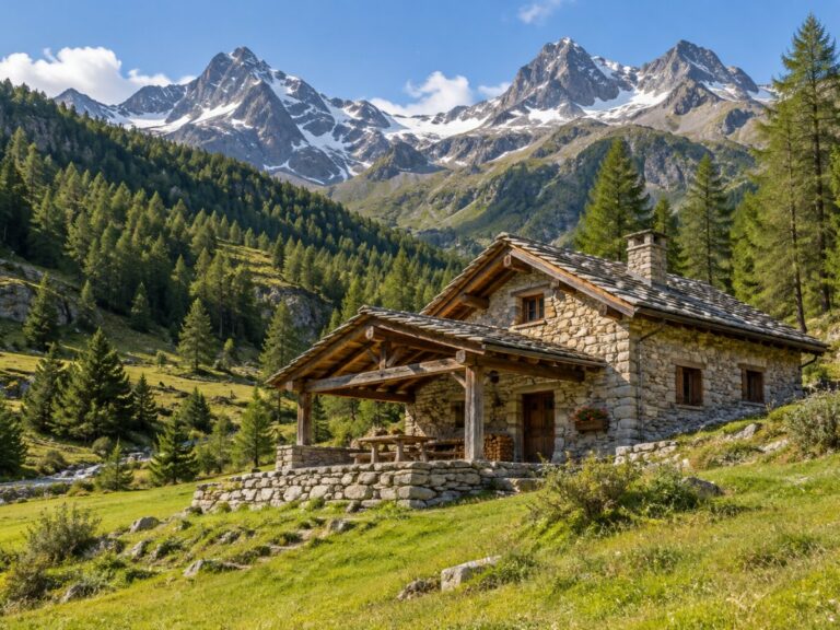 Baita in pietra con tettoia in legno in una valle alpina del Cuneese tra prati e boschi