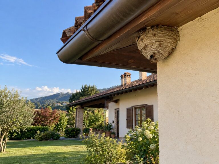 Nido di vespe sotto la grondaia di una villetta piemontese con giardino