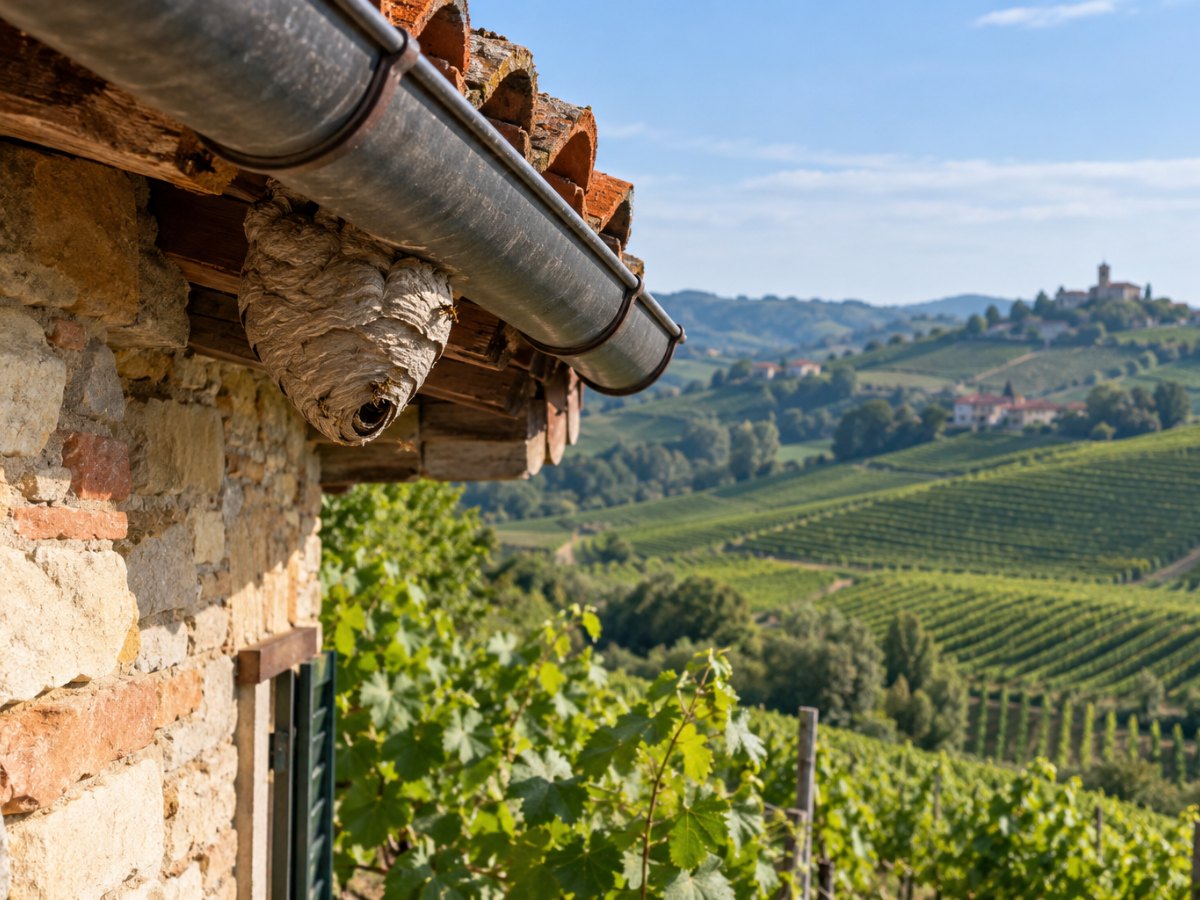 Nido di vespe sotto la grondaia di una casa in pietra tra i vigneti delle Langhe