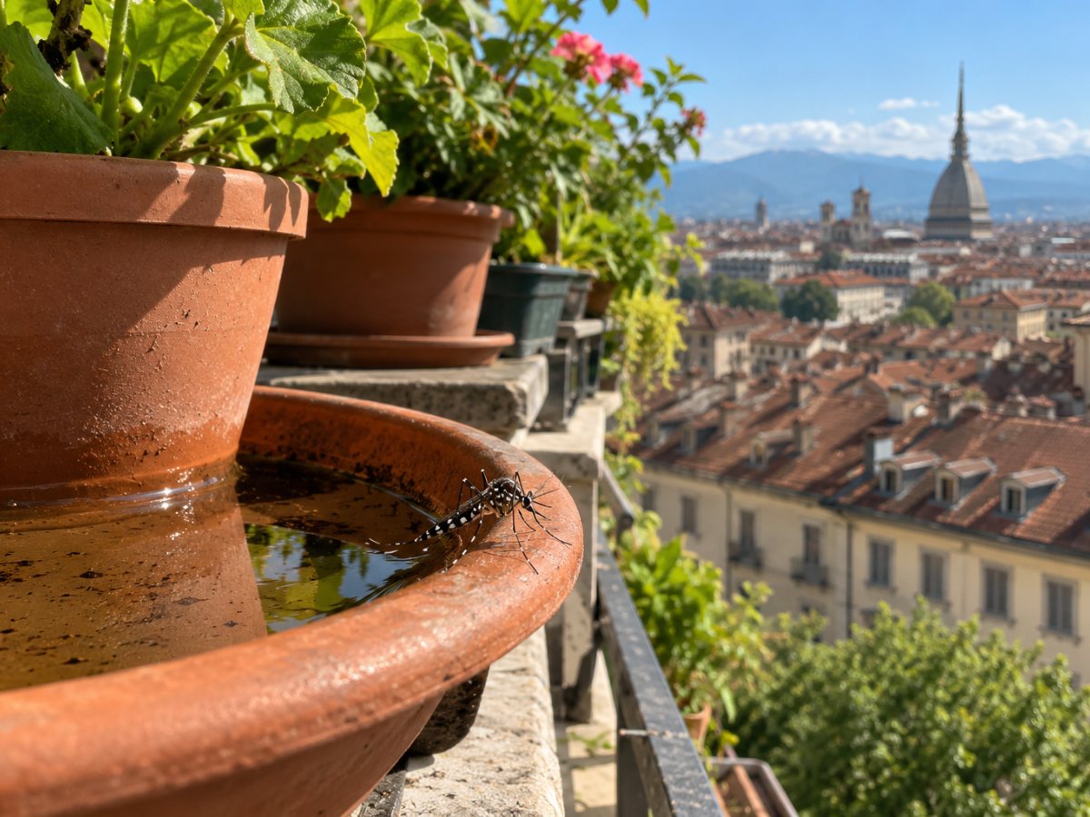 Sottovasi con acqua ferma su un balcone di Torino, dove nasce la zanzara tigre