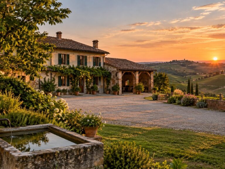 Cascina nel Monferrato con aia, portico, giardino e colline di vigneti al tramonto