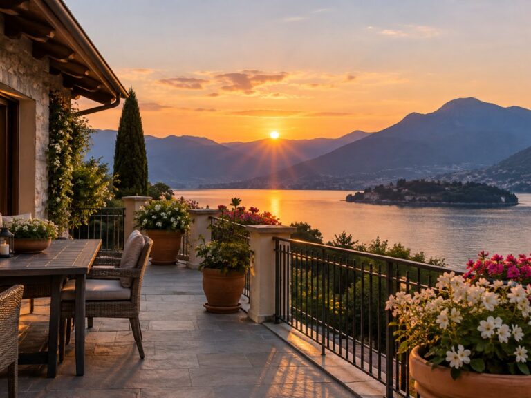 Terrazza di una casa vacanza sul Lago Maggiore al tramonto con vasi e sottovasi