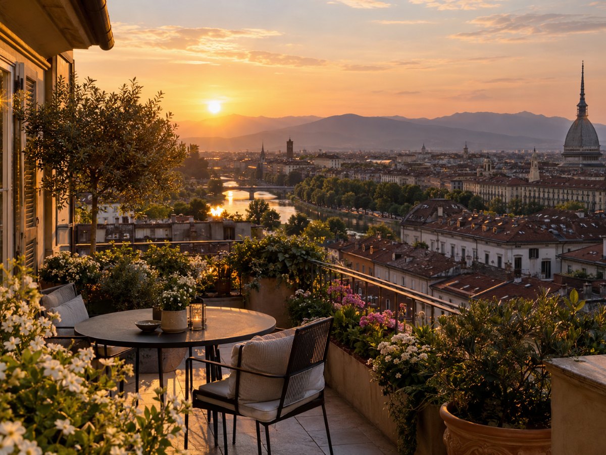 Terrazzo di un palazzo di Torino al tramonto con vista sul Po