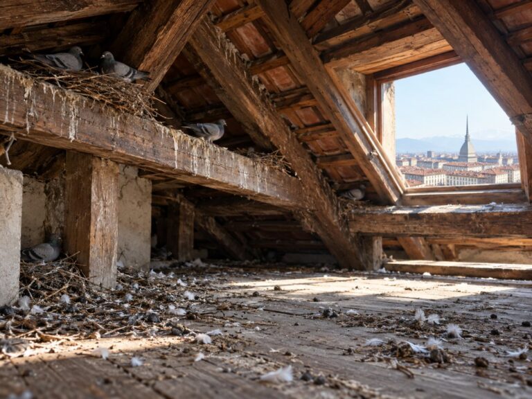Sottotetto di un condominio torinese con nidi di piccioni