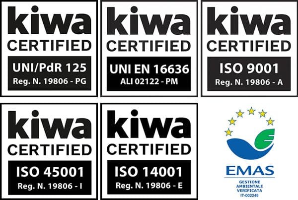 Certificazioni Kiwa ISO 9001, ISO 14001, ISO 45001, UNI EN 16636, UNI PdR 125 ed EMAS di Ekonore