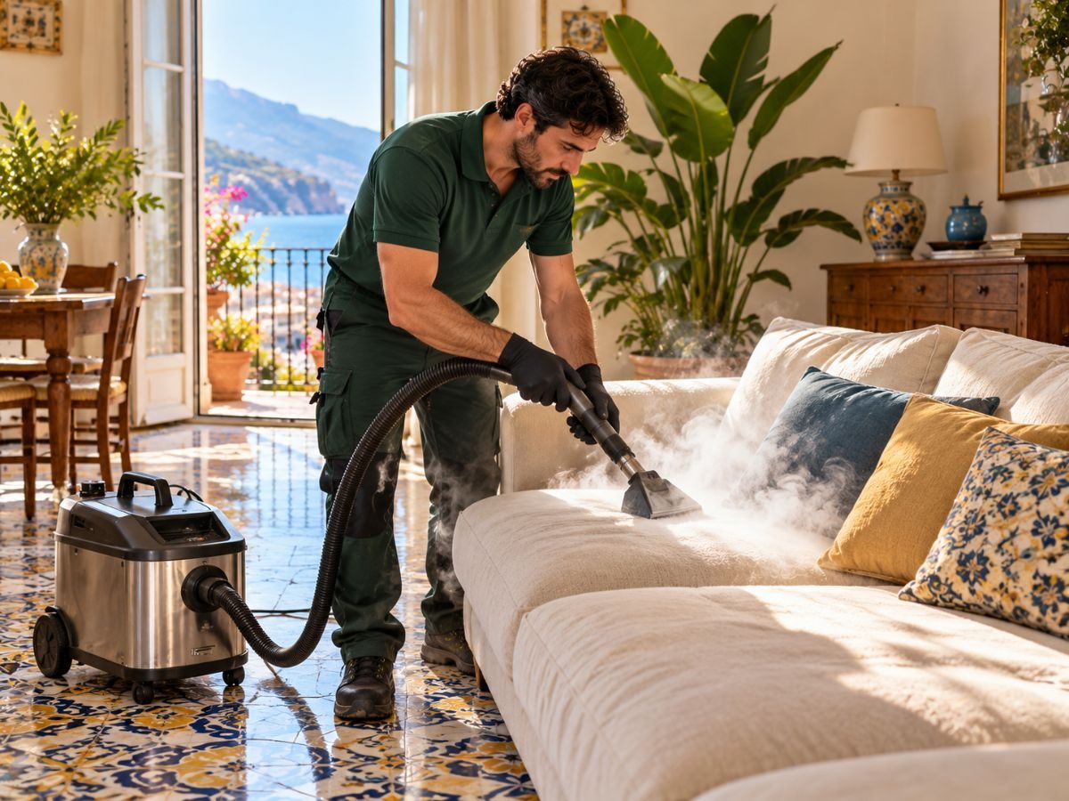 Tecnico tratta un divano con il vapore in una casa piemontese