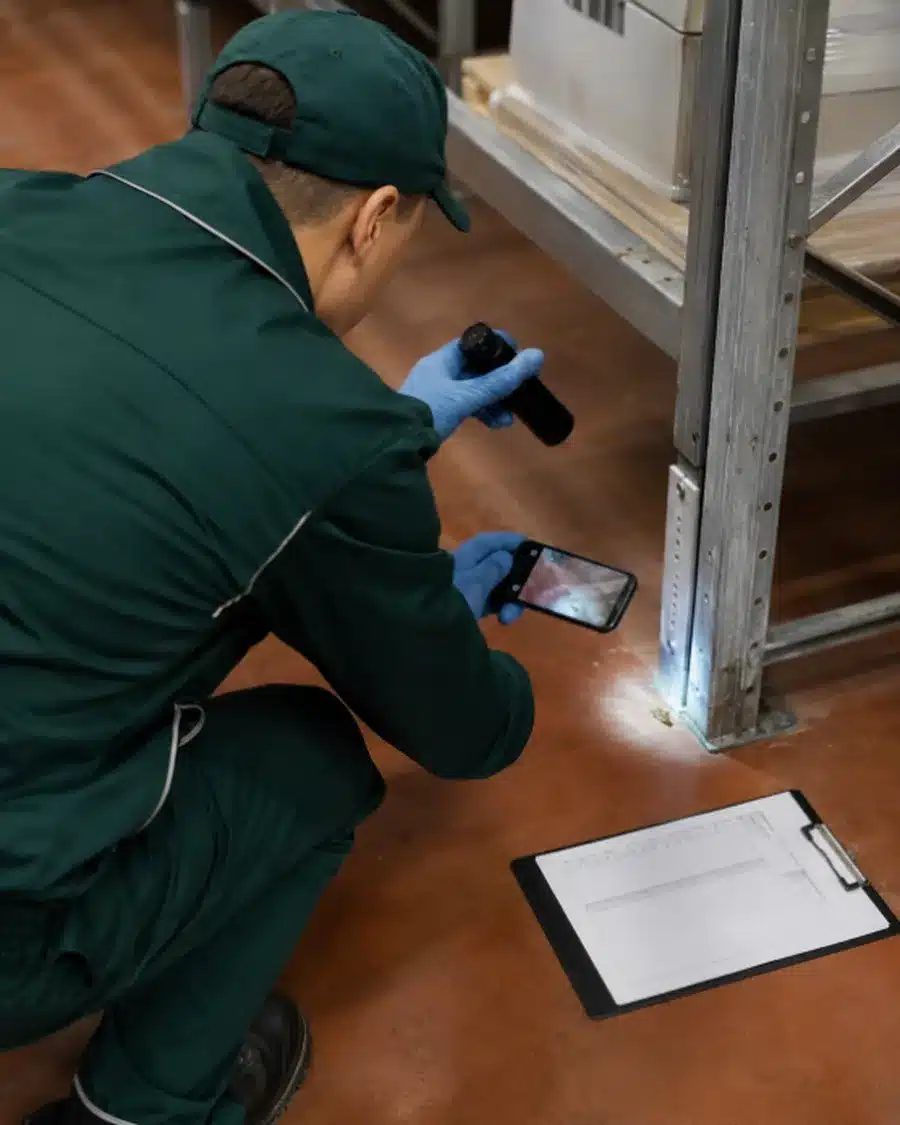 Tecnico ispeziona con la torcia i punti di passaggio dei topi